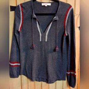 LOFT Charcoal Top with Red Embroidery, Womens Size XS, Long Sleeve